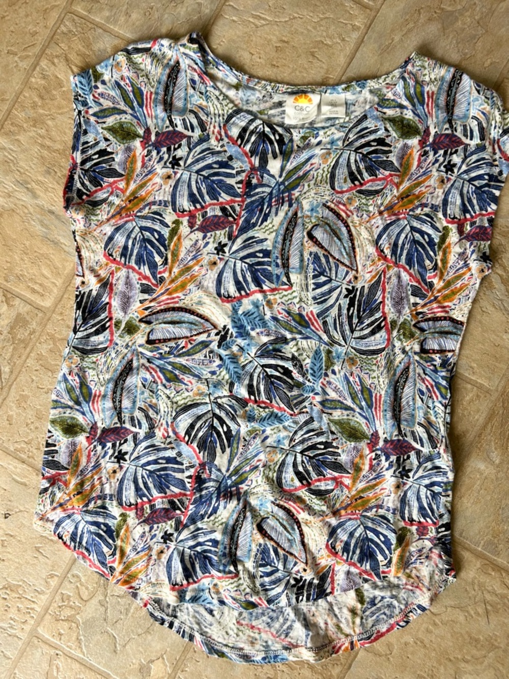 C&C California SMALL Women’s Short Sleeve Linen Multi Color Shirt Botanical